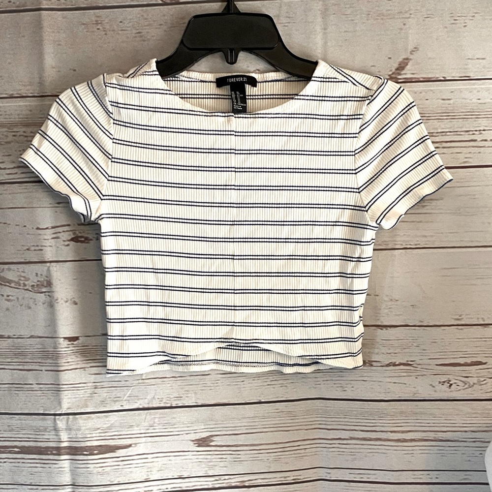 Forever 21 Striped Ribbed baby doll Crop Top XL Cream Navy Blue Short Sleeve